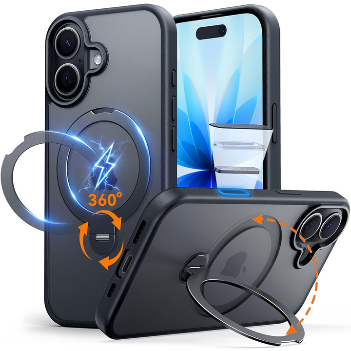 360 fokban forgatható tok állvány, MOGU, iPhone 17-hez, Kameravezérlő gomb, MagSafe kompatibilis, Vezeték nélküli töltés, Katonai védelem, Karcálló, TPU, Fekete