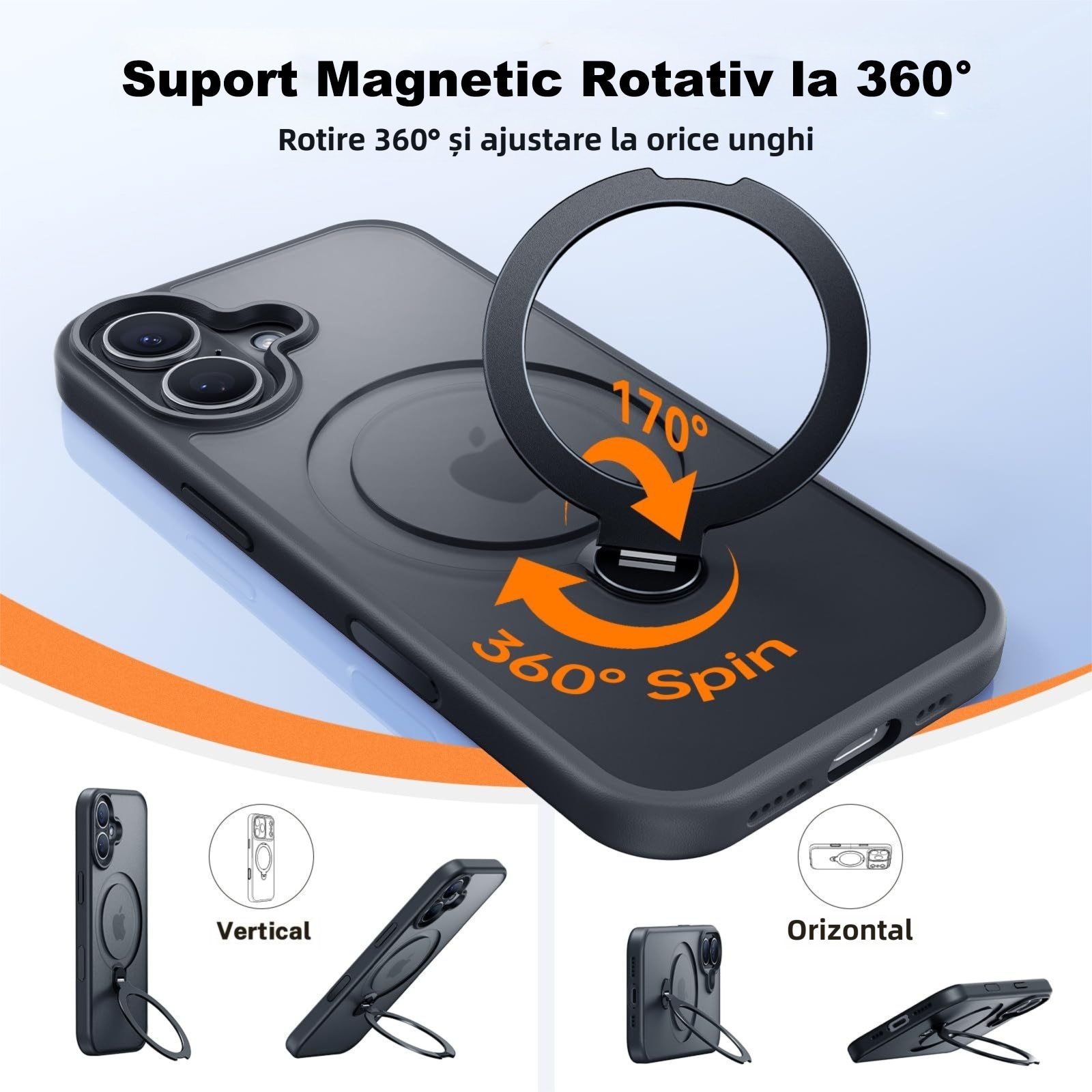 Husa Suport Rotativ 360, MOGU, pentru iPhone 17, Buton de Control al Camerei, Compatibila cu MagSafe, Incarcare Wireless, Protectie Militara, Rezistenta la Zgarieturi, TPU, Negru