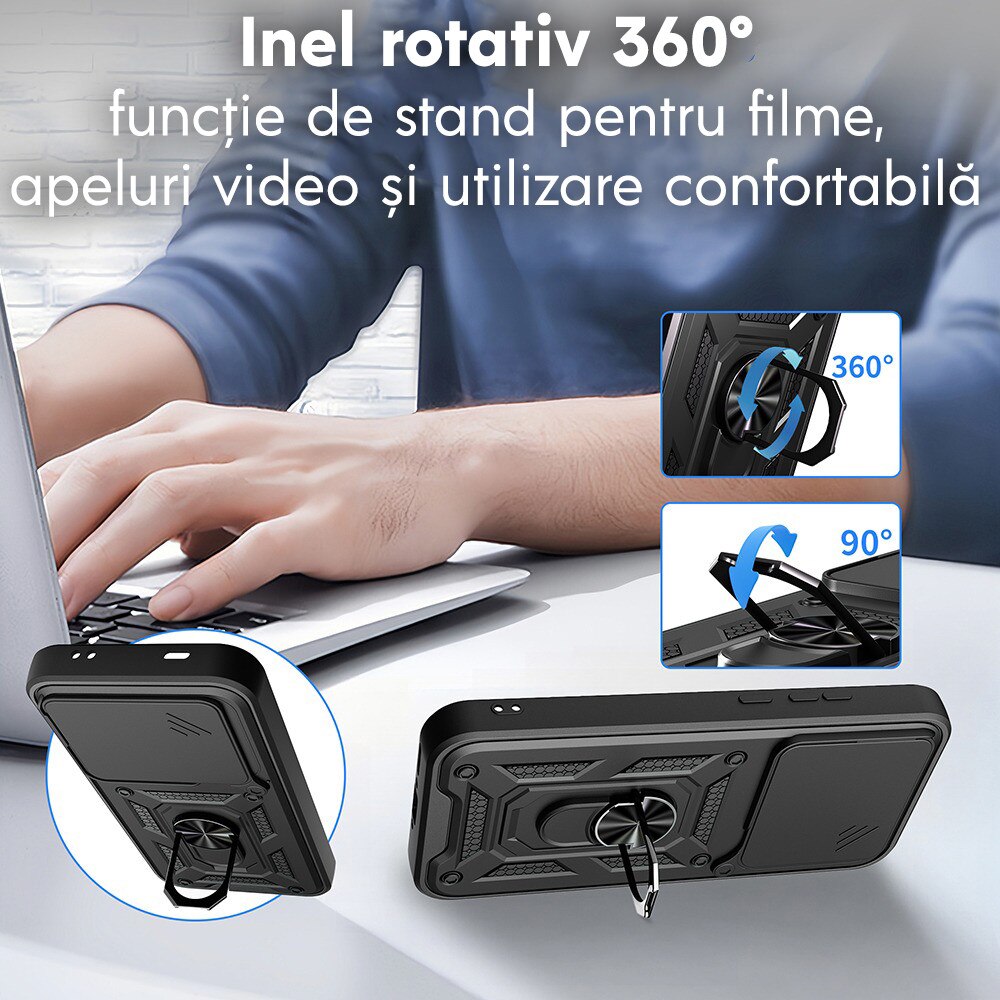 Husa pentru Realme GT 8 Pro cu inel rotativ 360 Daden, Camshield series, Hybrid Antisoc, Slider pentru protectia camerei, Albastru