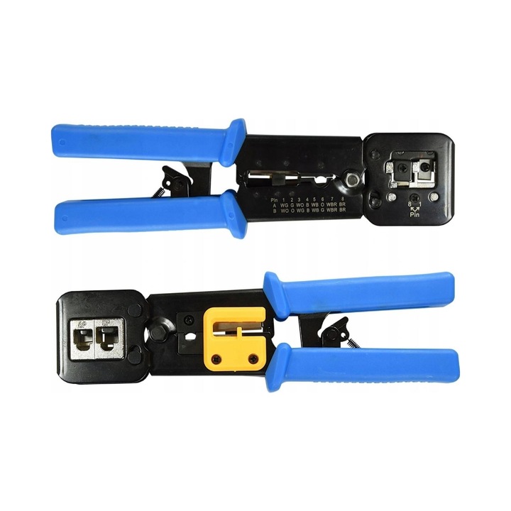 Клещи за кримпване на конектори Klanet HT-3767, за RJ45/RJ12/RJ11 (8P/6P/4P), със система pass-through и инструмент за оголване на изолация, ергономични дръжки против приплъзване, закалена стомана, синьо/черно, 1 бр