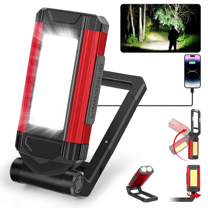 Leccik® LED Munkalámpa, 7 Világítási Mód, COB Technológia, Forgatható Mágneses Talp, USB Újratölthető, Piros Vészfény, Autószervizhez, Műhelybe és Kempingezéshez, A Energiaosztály