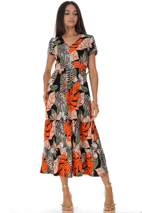 Rochie dama din jerse cu imprimeu floral si frunze Roh DR4820