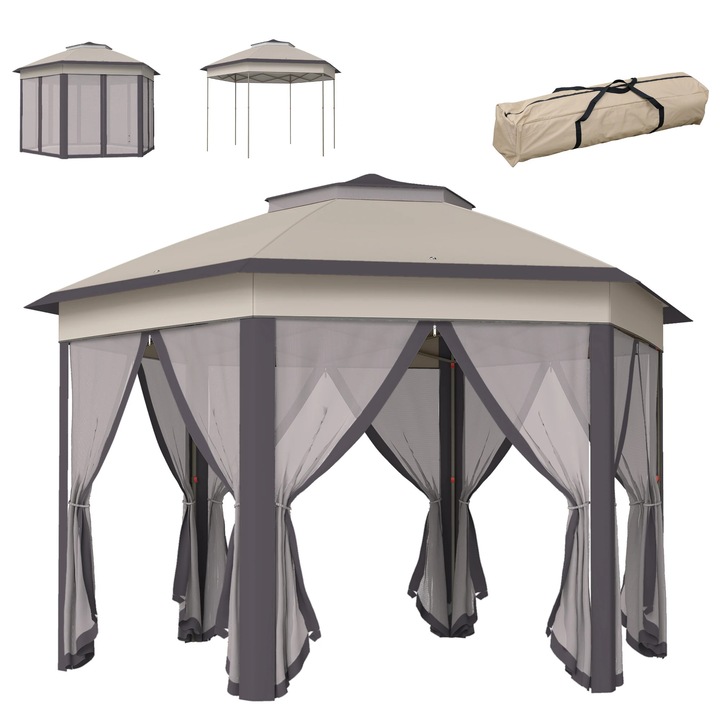 Pavilion de gradina, Cort pliabil/gazebo, 4 x 3, 4 m, Acoperis dublu, 6 Plase anti-tantari cu protectie UV, Acoperis din poliester, Multicolor