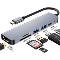 Docking Station EQZER® 6 In 1 Type-C, Adaptor Multiport Aluminiu, Docking Station Laptop Cu USB 3.0 + USB 2.0, HDMI 4K, Cititor Card SD TF, PD Fast Charging, Transfer Date 5 Gbps, Video 4K*2K, Compatibil MacBook, Windows, Argintiu