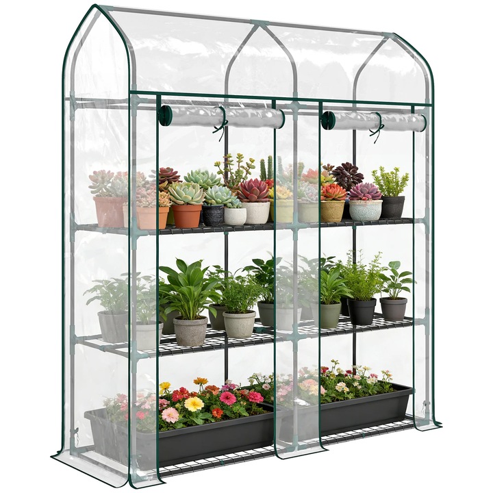 Minisera, 3 rafturi, 2 usi rulabile, Cadru din otel, Husa din plastic cu protectie UV, Impermeabila, 143x46x165 cm, Transparent
