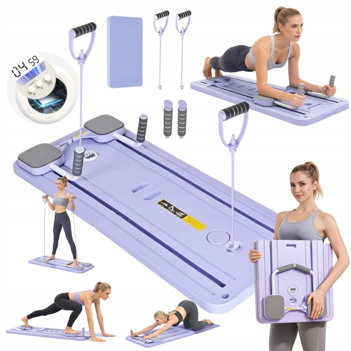 Pilates tábla 10 az 1-ben, Anyag: Ellenálló ABS műanyag, Beépített időzítő LCD kijelzővel, Két ellenállási szalag, Puha térdpárna mellékelve, 110 cm x 43 cm x 13 cm (kihajtva), 55 cm x 43 cm x 13 cm (összecsukva), Lila