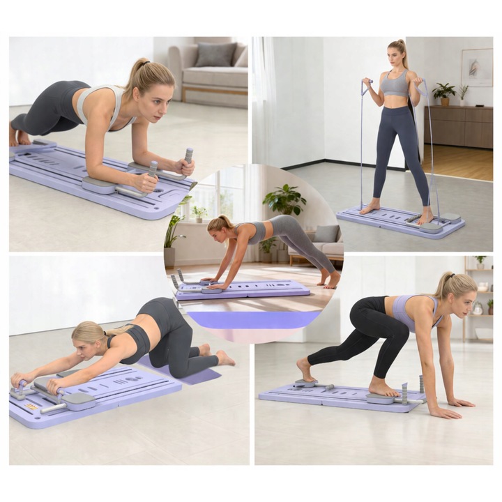 Pilates tábla 10 az 1-ben, Anyag: Ellenálló ABS műanyag, Beépített időzítő LCD kijelzővel, Két ellenállási szalag, Puha térdpárna mellékelve, 110 cm x 43 cm x 13 cm (kihajtva), 55 cm x 43 cm x 13 cm (összecsukva), Lila