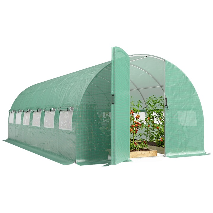 Sera, Solar tunel 597×295×200 cm, Usa cu balama, Ferestre cu plasa, Folie PE 140 g/m², Cadru din otel galvanizat, Protectie UV, Impermeabil, Verde
