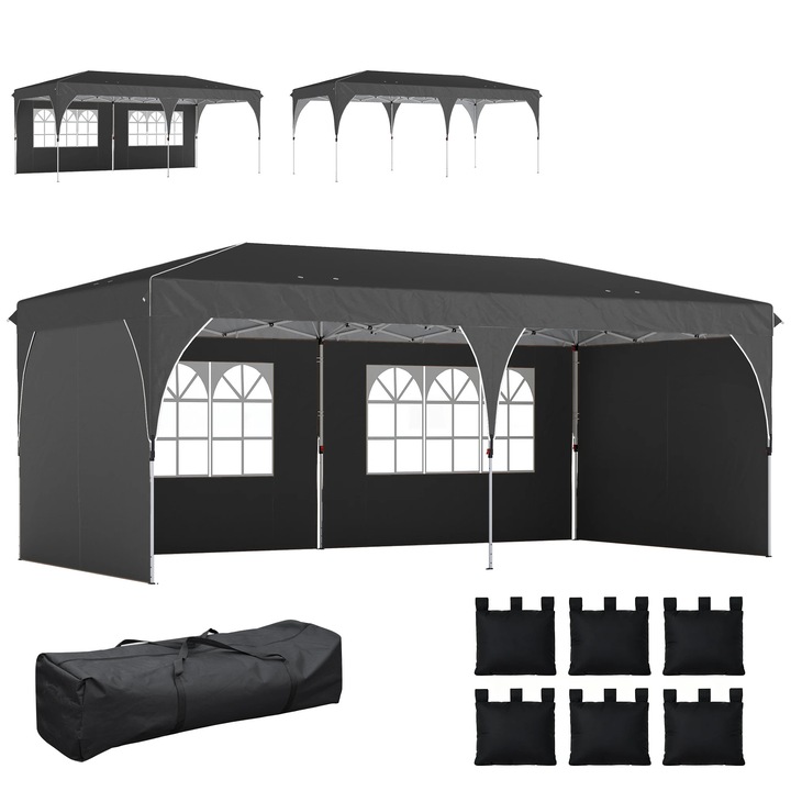 Pavilion pliabil, Cort 6 x 3 m, Montaj rapid, Benzi reflectorizante, Material Oxford, Gri inchis
