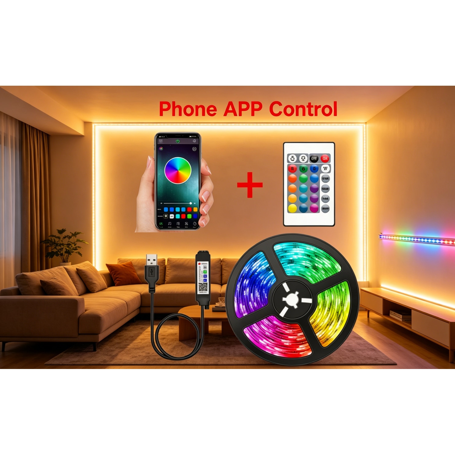 Kit Banda LED RGB 5m Flexibila, Control APP Bluetooth + Telecomanda USB ...