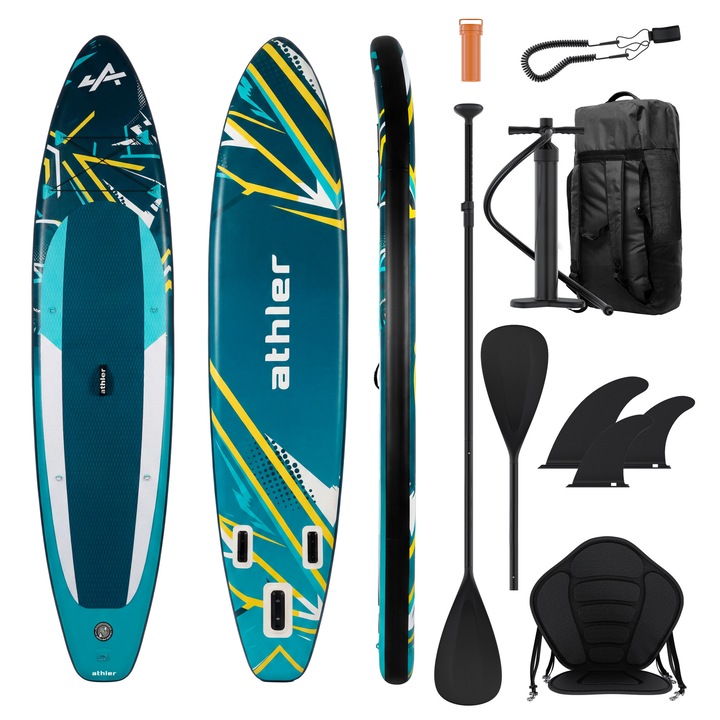 Placa SUP gonflabila Athler Zander 350, 350x80x16cm, 180kg, Set complet cu scaun caiac, Vasla reglabila 2in1, Pompa, Rucsac transport, Lesa siguranta, 3 Inotatoare detasabile, Tehnologie Single Layer Drop Stitch, Greutate 8kg, Verde