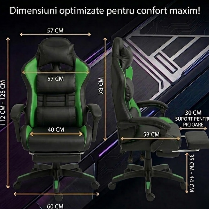 Геймърски стол GALAXIA ергономичен, LED RGB, лумбален масаж, разтегателна поставка за крака, регулируема облегалка 90-165 градуса, възглавници за врат и кръст, Черен/Зелен