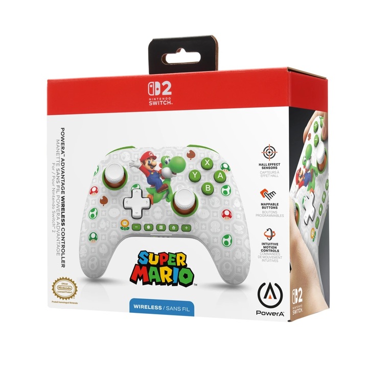 Controler wireless, PowerA Advantage Wireless, Nintendo Switch 2, efect Hall, Super Mario + Yoshi