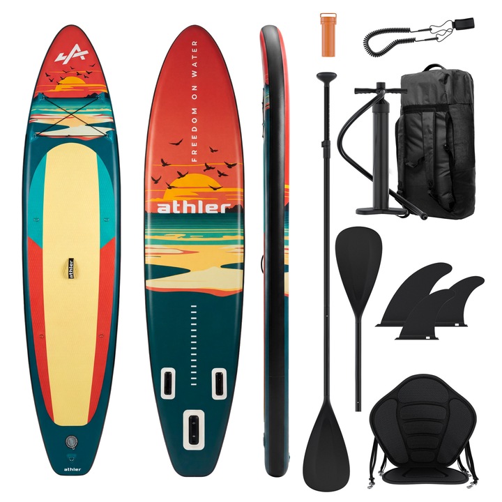 Placa SUP gonflabila Athler Zander 350, 350x80x16 cm, 180 kg, scaun caiac inclus, vasla reglabila 2 in 1 din aluminiu, tehnologie Single Layer Drop Stitch, rucsac impermeabil, pompa manuala, lesa de siguranta, 3 aripioare detasabile, Galben