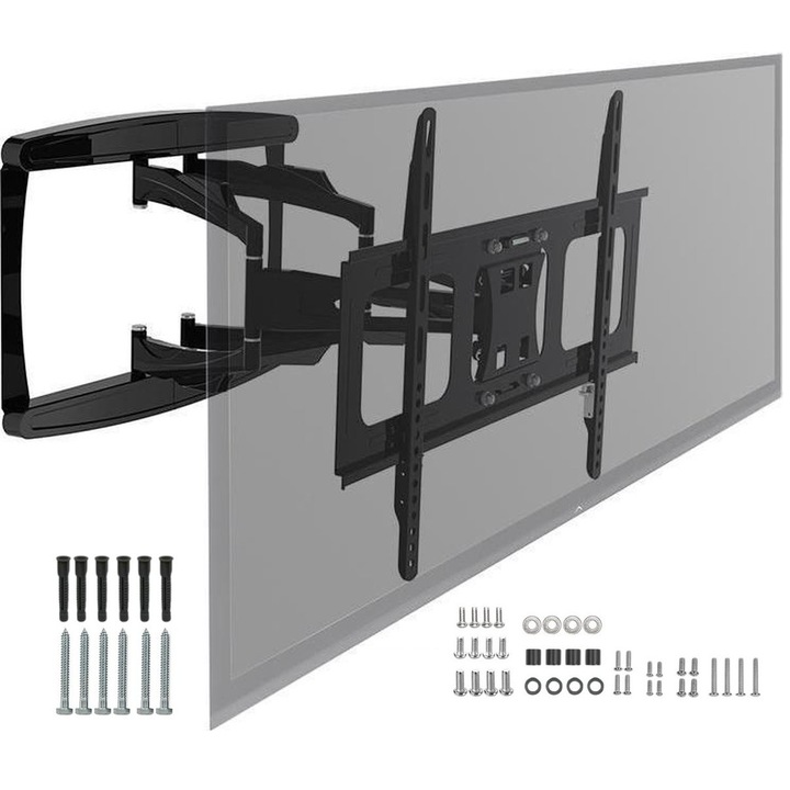 Suport TV de Perete, Universal, Brat Reglabil, Diagonala 42"-65" (107cm - 165cm), VESA 100x100 – 800x600, Pivotant, Inclinabil, Max 45 Kg, Negru