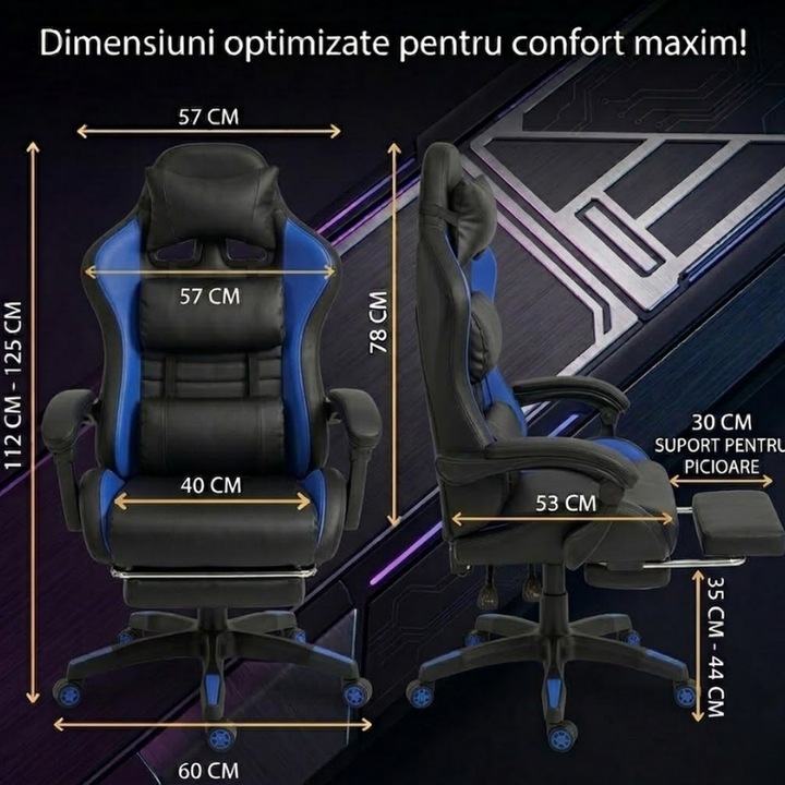 Геймърски стол GALAXIA ергономичен, LED RGB, лумбален масаж, разтегателна поставка за крака, регулируема облегалка 90-165 градуса, възглавници за врат и кръст, Черен/Син