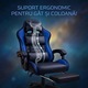 Геймърски стол GALAXIA ергономичен, LED RGB, лумбален масаж, разтегателна поставка за крака, регулируема облегалка 90-165 градуса, възглавници за врат и кръст, Черен/Син