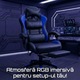 Геймърски стол GALAXIA ергономичен, LED RGB, лумбален масаж, разтегателна поставка за крака, регулируема облегалка 90-165 градуса, възглавници за врат и кръст, Черен/Син