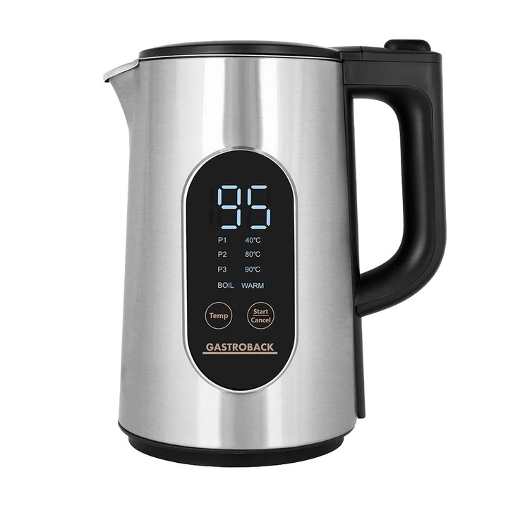 Fierbator electric Gastroback, Cool Touch Express Digital, capacitate 1.5 litri, 4 trepte de temperatura (40 - 100°C), incalzire rapida, tehnologie Warm Inside/Cold Outside, protectie supraincalzire, protectie impotriva fierberii uscate, inox