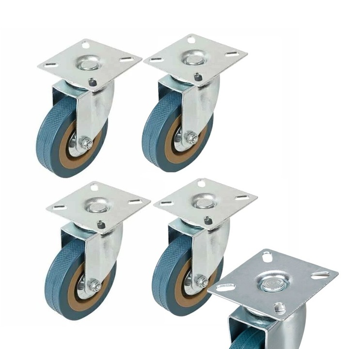 Set 4 roti pivotante cu placa, Zola, 75 x 20 mm, pentru mobilier si carucioare, rotatie 360°, cauciuc tehnic silentios, otel galvanizat, verde