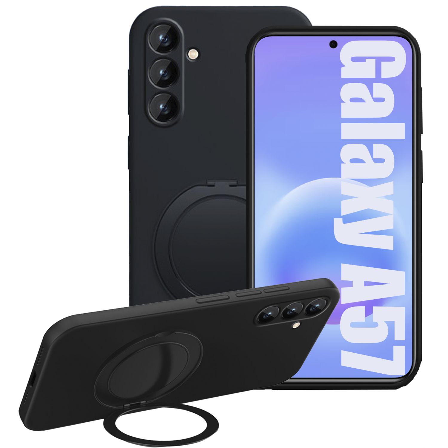 Husa pentru Samsung Galaxy A57, Suport Inel Rotativ 360 Grade, Silicon Lichid cu Interior din Microfibra, Margini Ridicate si Protectie Camera, Rezistenta la Socuri, Negru Grafit