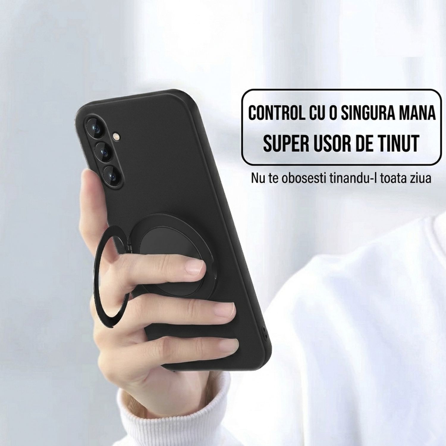 Husa pentru Samsung Galaxy A57, Suport Inel Rotativ 360 Grade, Silicon Lichid cu Interior din Microfibra, Margini Ridicate si Protectie Camera, Rezistenta la Socuri, Negru Grafit