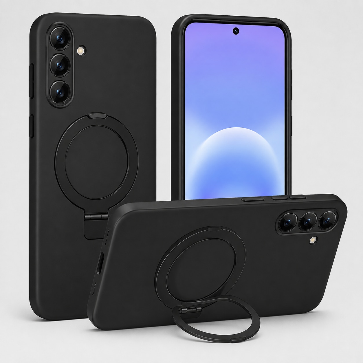 Husa pentru Samsung Galaxy A57, Suport Inel Rotativ 360 Grade, Silicon Lichid cu Interior din Microfibra, Margini Ridicate si Protectie Camera, Rezistenta la Socuri, Negru Grafit