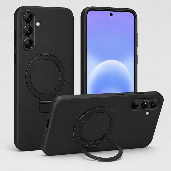 Husa pentru Samsung Galaxy A57, Suport Inel Rotativ 360 Grade, Silicon Lichid cu Interior din Microfibra, Margini Ridicate si Protectie Camera, Rezistenta la Socuri, Negru Grafit