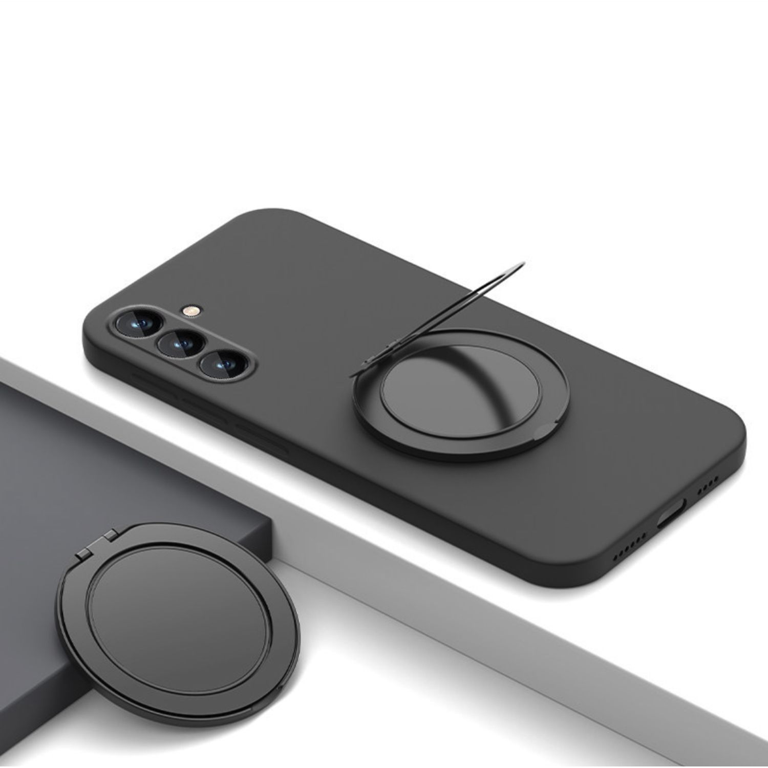 Husa pentru Samsung Galaxy A57, Suport Inel Rotativ 360 Grade, Silicon Lichid cu Interior din Microfibra, Margini Ridicate si Protectie Camera, Rezistenta la Socuri, Negru Grafit