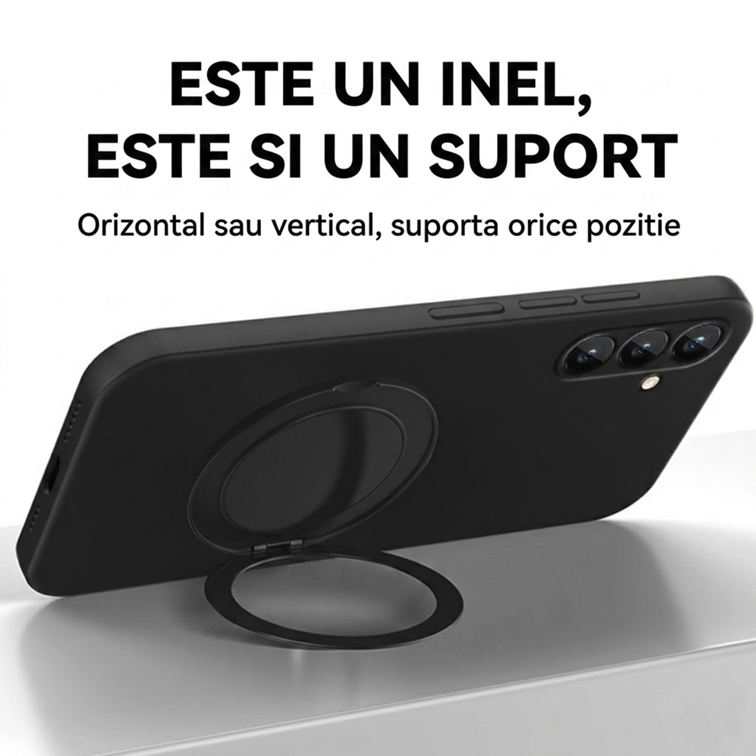 Husa pentru Samsung Galaxy A57, Suport Inel Rotativ 360 Grade, Silicon Lichid cu Interior din Microfibra, Margini Ridicate si Protectie Camera, Rezistenta la Socuri, Negru Grafit
