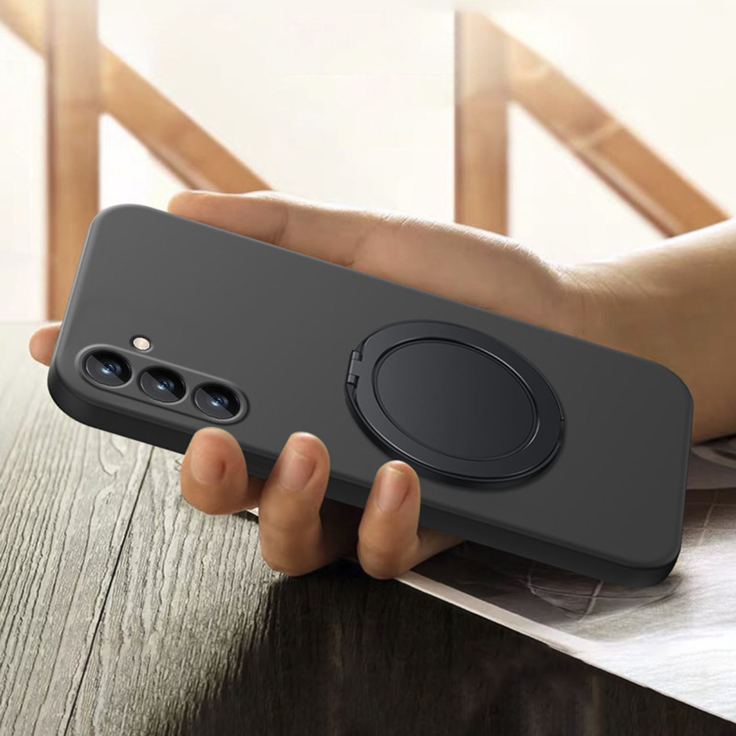 Husa pentru Samsung Galaxy A57, Suport Inel Rotativ 360 Grade, Silicon Lichid cu Interior din Microfibra, Margini Ridicate si Protectie Camera, Rezistenta la Socuri, Negru Grafit