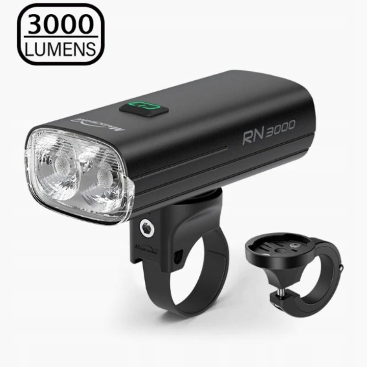 Lampa frontala pentru bicicleta MAGICSHINE RN 3000, 3000 lumeni, baterii integrate 10000mAh cu functie powerbank, USB-C, IPX6, negru, 1 buc