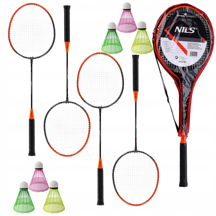 Set 4 palete badminton Nils, otel, 66cm, 6 fluturasi, multicolor