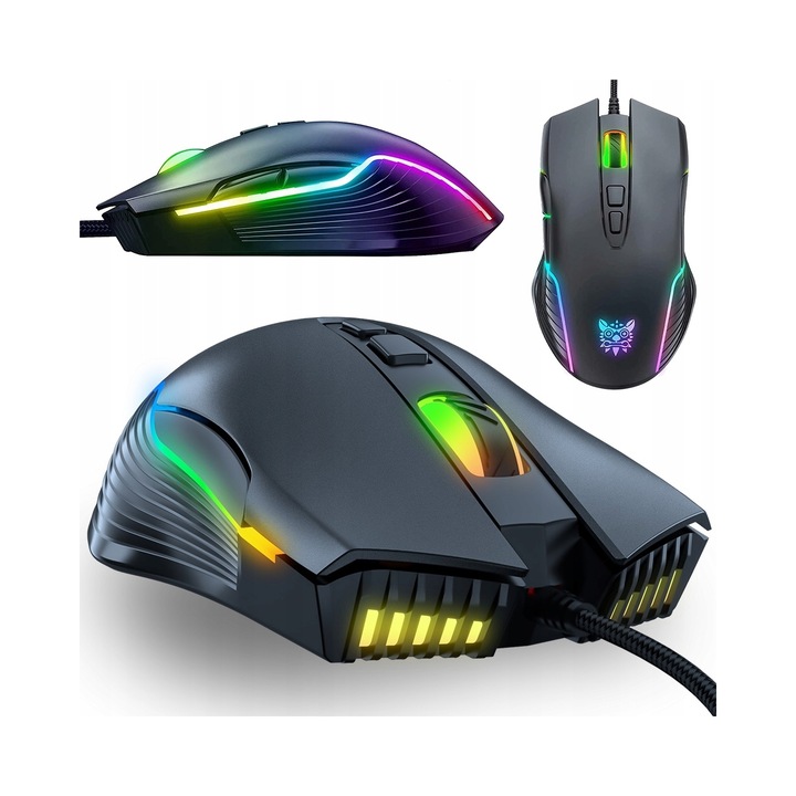 Mouse gaming Onikuma CW905 cu fir, senzor optic, reglabil DPI pana la 7200, 7 butoane, iluminare RGB, ergonomic pentru dreptaci, negru, 125x40x7.6mm