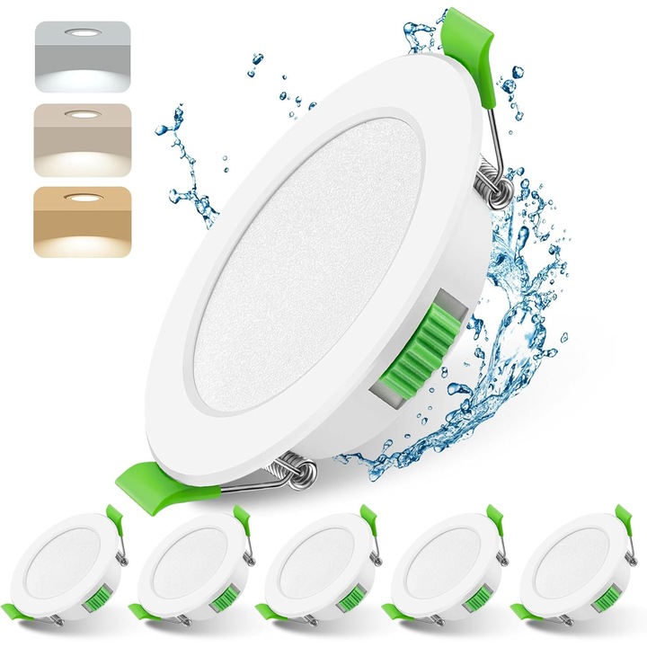 Set 6 spoturi LED Mizlay, incastrabile, 7W, lumina reglabila 3000K/4000K/6500K, dimabile 10-100%, Ø88 mm, Aluminiu si plastic, culoare Alb