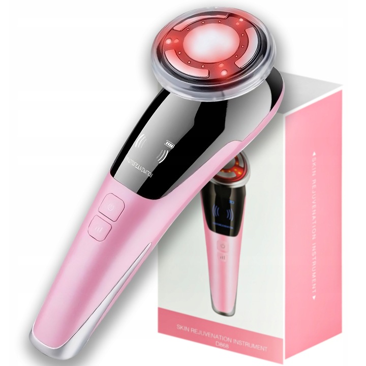 Aparat de masaj facial/mezoterapie fara ace RETOO 5 in 1, EMS pentru lifting, 5 moduri (ultrasunete, EMS, crioterapie), fototerapie rosie/albastra, roz, 1 buc