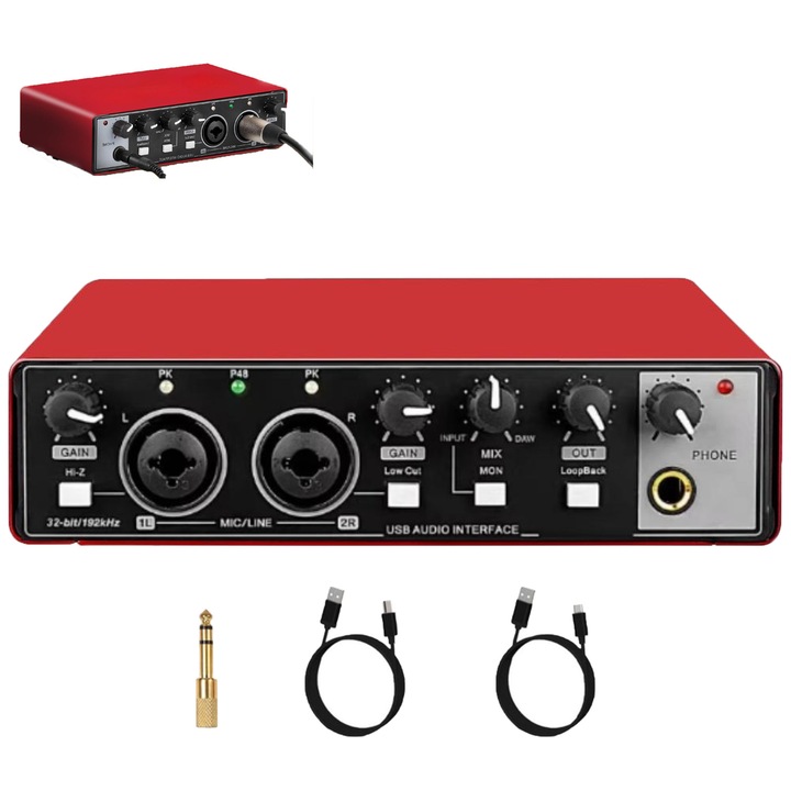 Interfata Audio USB Profesionala, SANSES, Placa de Sunet, 32 Bit 192kHz, Alimentare 48V, Studio, Muzica Live, Computer, Telefon, Dimensiuni 17.3x10x4.8cm, Rosu/Negru