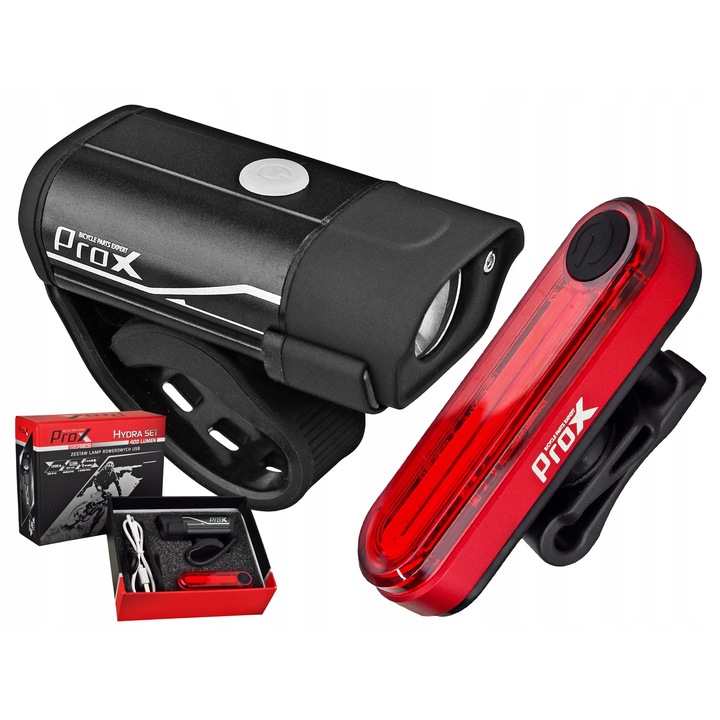 Prox Hydra II kerékpár lámpa szett, 400 Lm első lámpa, 40 Lm hátsó lámpa, USB tölthető, fekete/piros, 1 szett