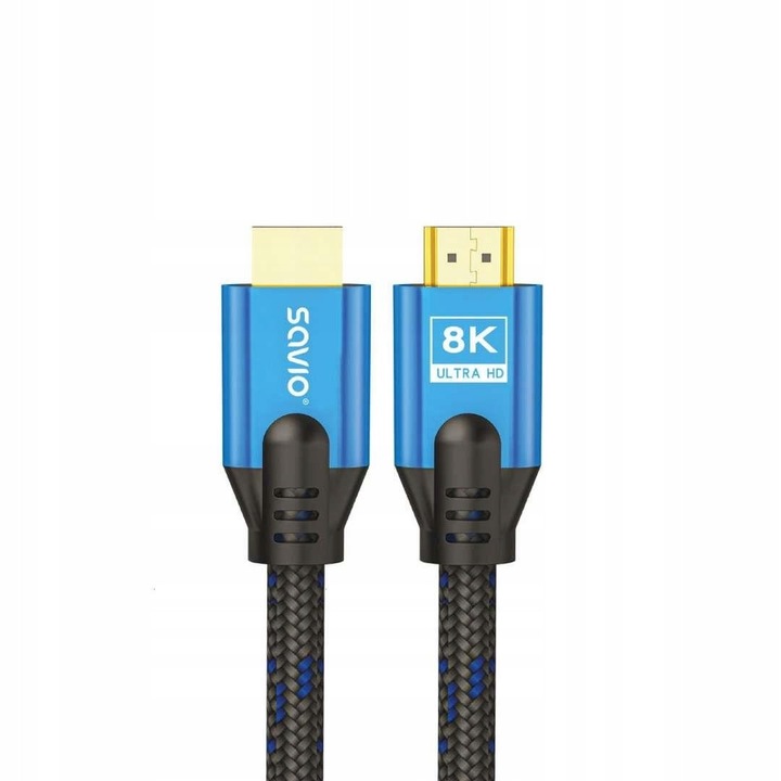 HDMI кабел Savio CL-169 v2.1, поддържа 8K/4K, 24K позлатени накрайници, с текстилна оплетка, черен/син, 5 м
