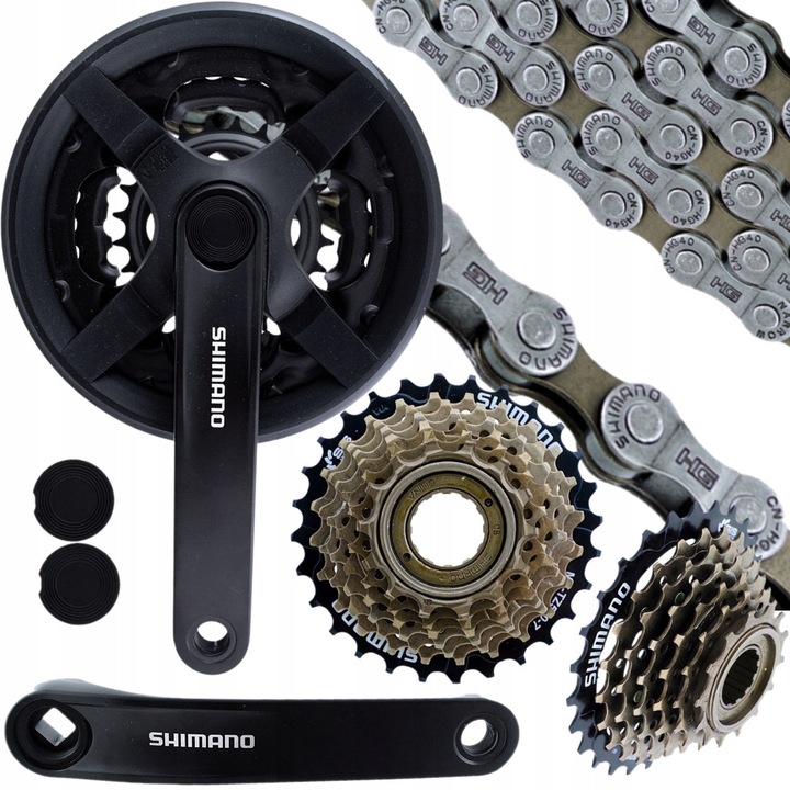 Set transmisie Shimano FC-TY301 MFTZ5007 HG40, roata libera 7-viteze 14-28, angrenaj 48/38/28 otel, lant HG40 114 zale compatibil 6/7/8 viteze, negru/argintiu, 1 set
