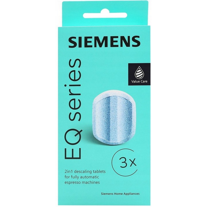 Detartrant pentru espressor Siemens EQ Series, tablete 2in1 pentru decalcifiere si protectie anticoroziva, compatibil VeroBar/VeroCafe, Turcoaz, 3 x 40g