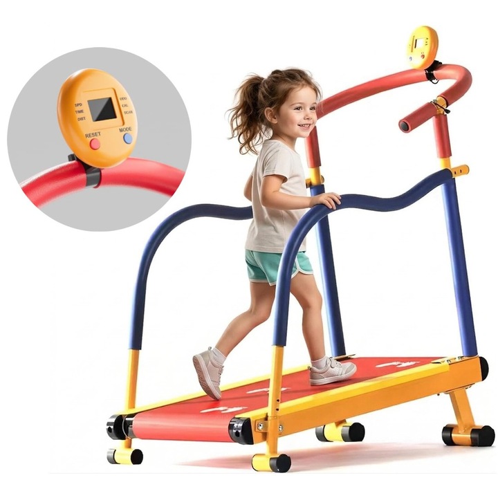 Banda de Alergare Copii MiniMotion™ RunMax, Sistem Auto-Propulsat, Ecran LED Viteza/Timp/Distanta, Manere SoftTouch cu Design Adaptiv, Platforma Antialunecare, Suprafata Protectie cu Model Interactiv, Capacitate 68Kg, MixPlay