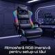 Геймърски стол GALAXIA ергономичен, LED RGB, лумбален масаж, разтегателна поставка за крака, регулируема облегалка 90-165 градуса, възглавници за врат и кръст, Черен