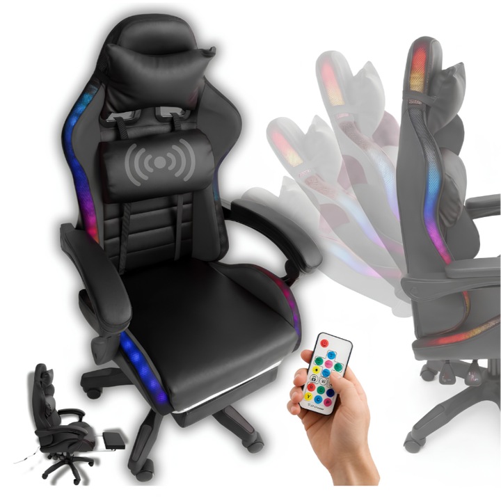 Scaun gaming GALAXIA ergonomic, LED RGB, masaj lombar, suport picioare extensibil, spatar reglabil 90-165 grade, perne cervicala si lombara, Negru