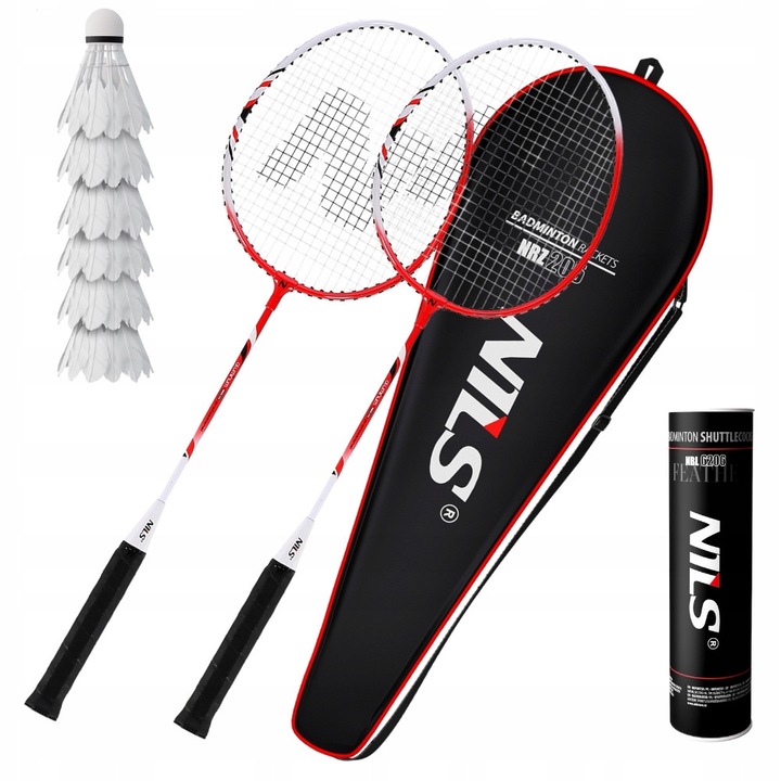 Set badminton Nils 2 palete, 6 fluturi albi, husa, 66cm