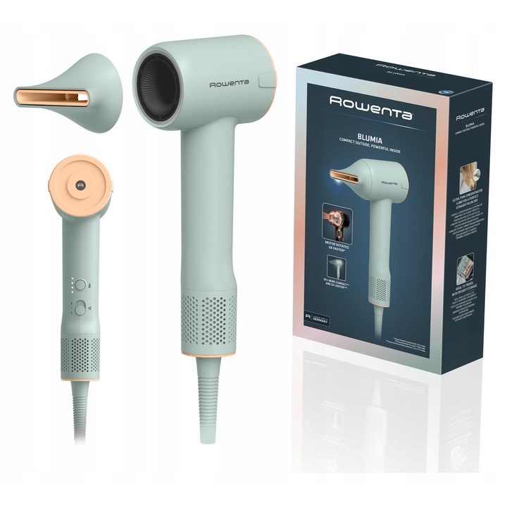 Сешоар Rowenta Blumia HY5N12, 1300W, йонизация, функция студен въздух, въздушен поток до 225 км/ч, концентратор 6 мм, компактен туристически, ментово зелен