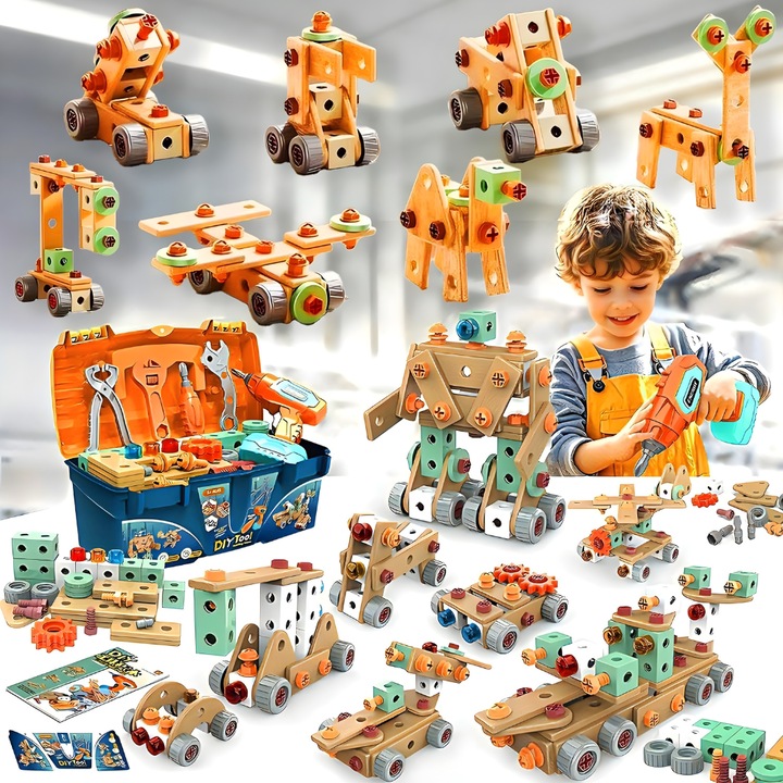 Trusa de Scule Copii De Constructie, Kidprotect® Constructor Meister, Autofiletanta Functionala, Patent, Surubelnite, Piulite, Suruburi, Chei, Cleste, Trusa Depozitare, 168 de Piese, Cadou Baieti 3 4 5 6 7 8 Ani