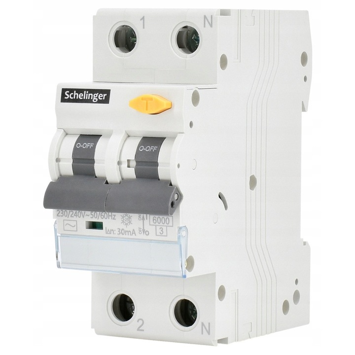 Intrerupator diferential RCBO 2P Schelinger A08-GVL-AC-B25, B 25A, 30mA, Tip AC, Alb, 1 buc