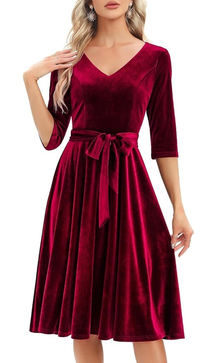 Rochie Midi Eleganta de Dama cu Decolteu in V, Maneci 3/4 si Cordon in Talie – Rochie Ideala pentru Nunta, Petreceri si Evenimente Speciale, Rosu Inchis, Marimea L