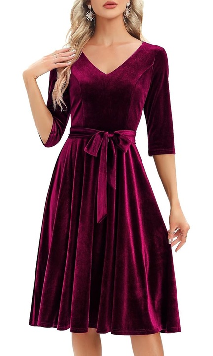 Rochie Midi Eleganta de Dama cu Decolteu in V, Maneci 3/4 si Cordon in Talie – Rochie Ideala pentru Nunta, Petreceri si Evenimente Speciale, Burgundi, Marimea M